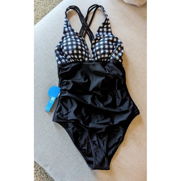 CUPSHE Black Gingham Ruched Criss-Cross Back One Piece Swimsuit Small New - Picture 2 of 4